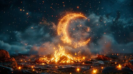 Mystical campfire under a sparkling crescent moon, magical night sky with glowing embers - obrazy, fototapety, plakaty