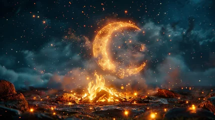 Foto op Canvas Mystical campfire under a sparkling crescent moon, magical night sky with glowing embers © Yusif