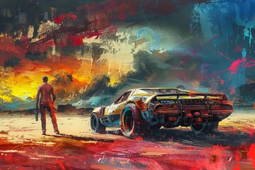 Oil painting illustration of mad max style heroes. One person near futuristic car. Post-apocalyptic - obrazy, fototapety, plakaty