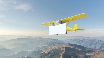 yellow light aircraft with white billboard flying over a sunset. 3d mockup rendering