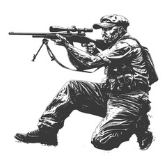 sniper army soldier in action full body image using Old engraving style
