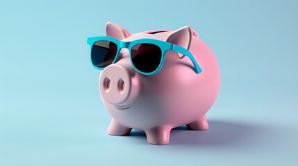 pink piggy bank with blue sunglasses on pastel blue background with soft shade. concept summer savings, vacation. 3d render