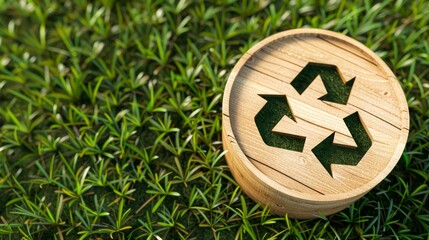 recycling symbol carved in wood on grass. recycling concept. 3d render