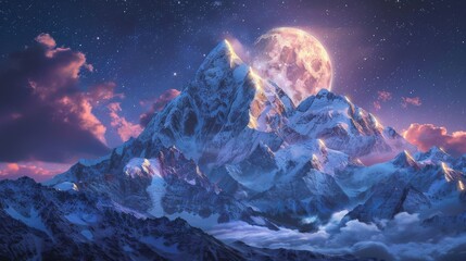 Naklejka na ściany i meble Majestic mountain pinnacle under a bright full moon and starry sky amid swirling clouds