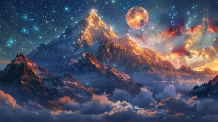 Majestic mountain pinnacle under a bright full moon and starry sky amid swirling clouds - obrazy, fototapety, plakaty