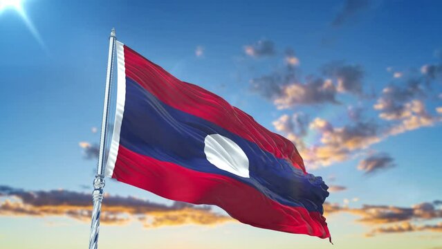 Laos flag Waving Realistic With Sky