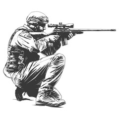 sniper army soldier in action full body image using Old engraving style