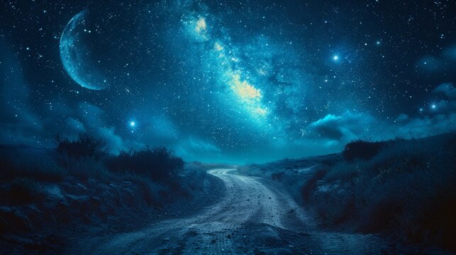 Starry night sky with a luminous full moon over a winding road in a tranquil landscape