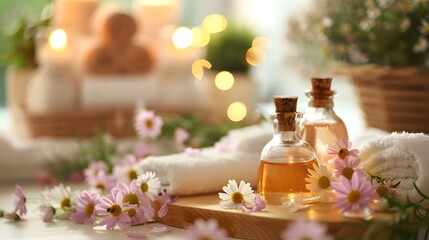 Obraz na płótnie Canvas Aromatherapy Treatment: Herbal Spa with Fresh Flowers, Aromatic Oils, and Tranquil Setting 