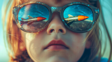 War missiles reflected in a child's glasses war zone - obrazy, fototapety, plakaty