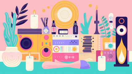 A colorful, illustrated collection of modern home items, including a speaker, camera, and plants on a pastel background