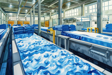 Stacked blue towels on conveyor belts in an industrial laundry room, showing advanced washing and handling processes