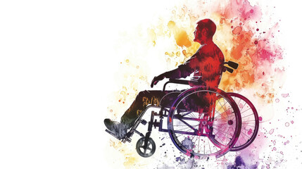 A man in a wheelchair is positioned in front of a vibrant and colorful background, sitting still and looking straight ahead