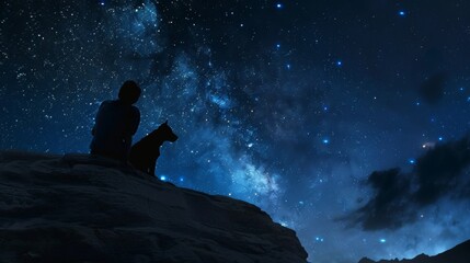 Boy and dog silhouettes admire starry night sky on mountains, mesmerized by the celestial beauty