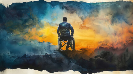 A realistic portrait painting of a man in a wheelchair, depicting a disabled individual sitting in a chair - obrazy, fototapety, plakaty
