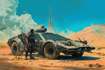 Oil painting illustration of mad max style heroes standing near futuristic car. Post-apocalyptic