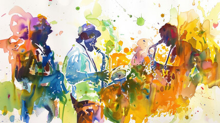 A painting depicting a group of individuals engaged in playing various musical instruments together - obrazy, fototapety, plakaty