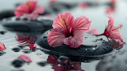 black stone and hibiscus on the water, spa concept. 