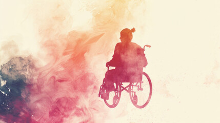 A striking silhouette of an individual seated in a wheelchair, set against a multicolored watercolor background that suggests motion and vitality - obrazy, fototapety, plakaty