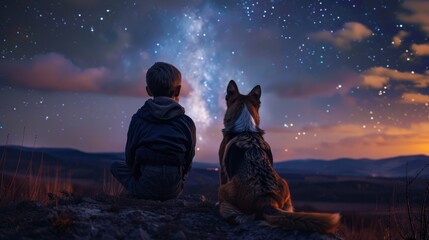 Boy and large dog admire starry night sky from mountain cliff edge, peaceful scene in the mountains