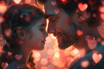 daughter showing love to her father in father's day, warmth moment surrounded with glowing hearts - obrazy, fototapety, plakaty