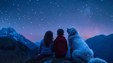 Kids and big white dog admire starry night sky on mountain cliff edge, rear view, peaceful moment