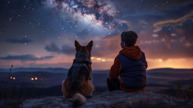 Boy and shepherd dog admire night sky on mountain cliff edge, rear view, peaceful moment under stars