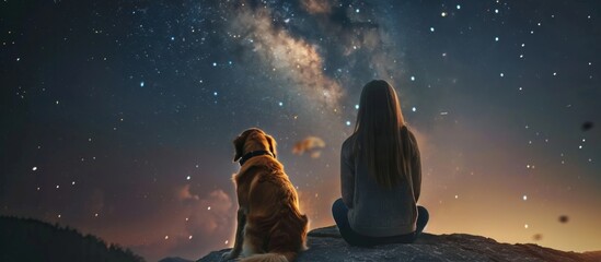 Young girl and dog gaze at starry sky on mountain cliff edge, under a sky filled with stars
