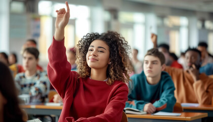 Naklejka premium Curly teenage girl raises hand in classroom full of students. She looks engaged, eager to participate in discussion. Diverse group of students in background adds to educational atmosphere of scene