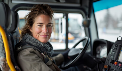 confident female bus driver smiling behind wheel of bus, exuding professionalism and warmth. She appears ready to transport passengers safely to their destination. Everyday woman lifestyle concept.