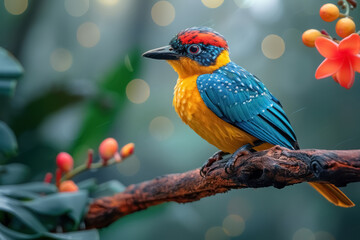 vibrant colorful bird perched on a branch amidst lush greenery and blooming flowers