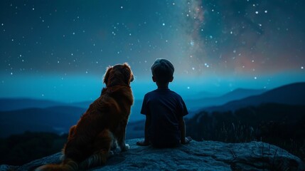 Little boy and golden retriever dog in mountain cliff edge under starry night sky, rear view