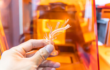 hand with object in shape of medically accurate a human blood vessel printed on 3d printer - 786698155