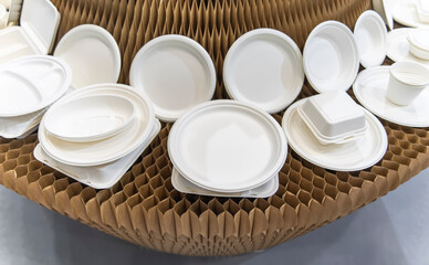 Set of unbleached plant fiber food box and paper cup. Natural fiber eco food and drink packaging. - 786698196