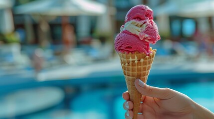 Woman savoring pink strawberry ice cream in waffle cone by hotel pool, summer indulgence