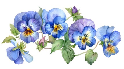 Bouquet of the blue garden tricolor pansy flower (Viola tricolor, viola arvensis, heartsease, violet, kiss-me-quick) Hand drawn botanical watercolor painting illustration isolated on white background
