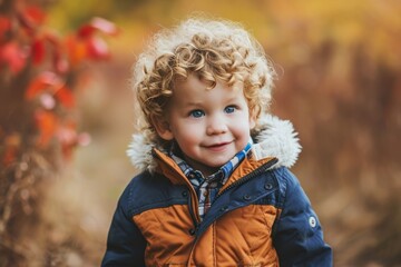 Cute little boy with curly blond hair in the autumn park.