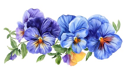 Bouquet of the blue garden tricolor pansy flower (Viola tricolor, viola arvensis, heartsease, violet, kiss-me-quick) Hand drawn botanical watercolor painting illustration isolated on white background
