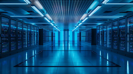 The image showcases a data center, a specialized room designed to house computer servers and related equipment. Multiple server racks are neatly aligned in rows within the data center. - obrazy, fototapety, plakaty
