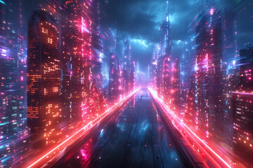 futuristic cityscape with glowing neon lights and elevated train tracks