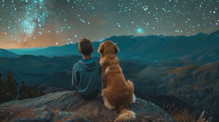 Boy and golden retriever admire night sky on mountain cliff,  rear view in serene moment