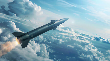 a missile soaring through the sky amidst clouds. The missile, sleek and grey, features aerodynamic fins for stability.