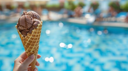 Woman s hand holding chocolate ice cream in waffle cone by hotel pool, summer sweetness