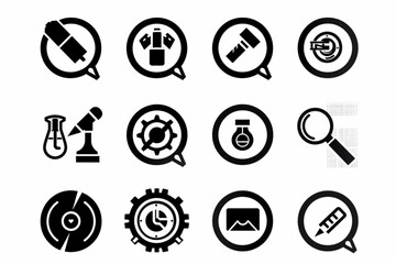 Quality control icon set. Containing inspection, evaluation, product, quality assurance, process, testing and more. Solid vector icons collection. vector icon, white background, black colour icon