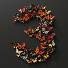 Number 3 made of butterflies on textured background. 3D rendering
