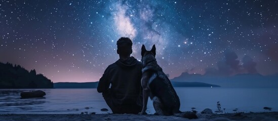 Young guy and german shepherd gazing at starry night sky by the sea coast