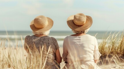 Senior women in straw hats sitting on beach, rear view, symbolizing outdoor summer travel
