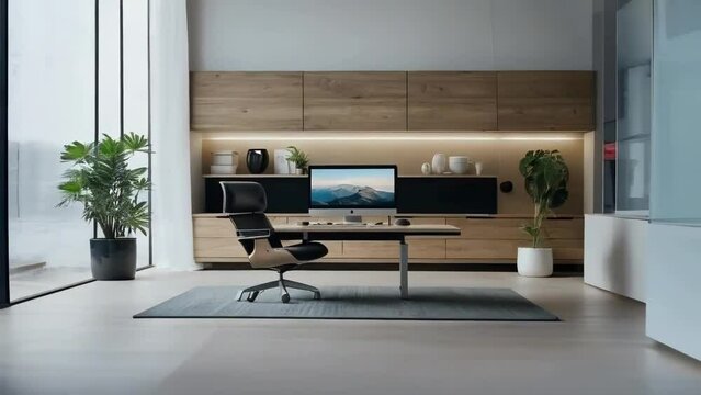 Sleek Home Office with Scenic Computer Wallpaper

