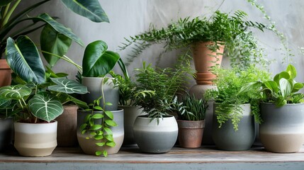 Variety of lush houseplants in decorative pots arranged neatly on a sunlit indoor shelf..