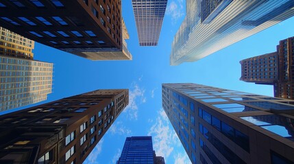 Looking up at towering skyscrapers converging into a clear blue sky, showcasing architectural grandeur in an urban cityscape.